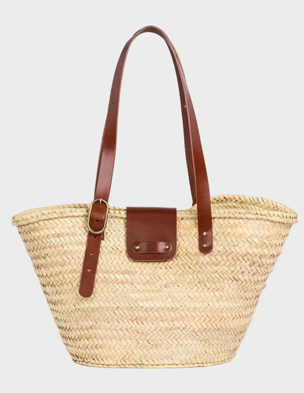 Aicha palm leaf basket bag with dark brown calfskin leather handles and front flap closure