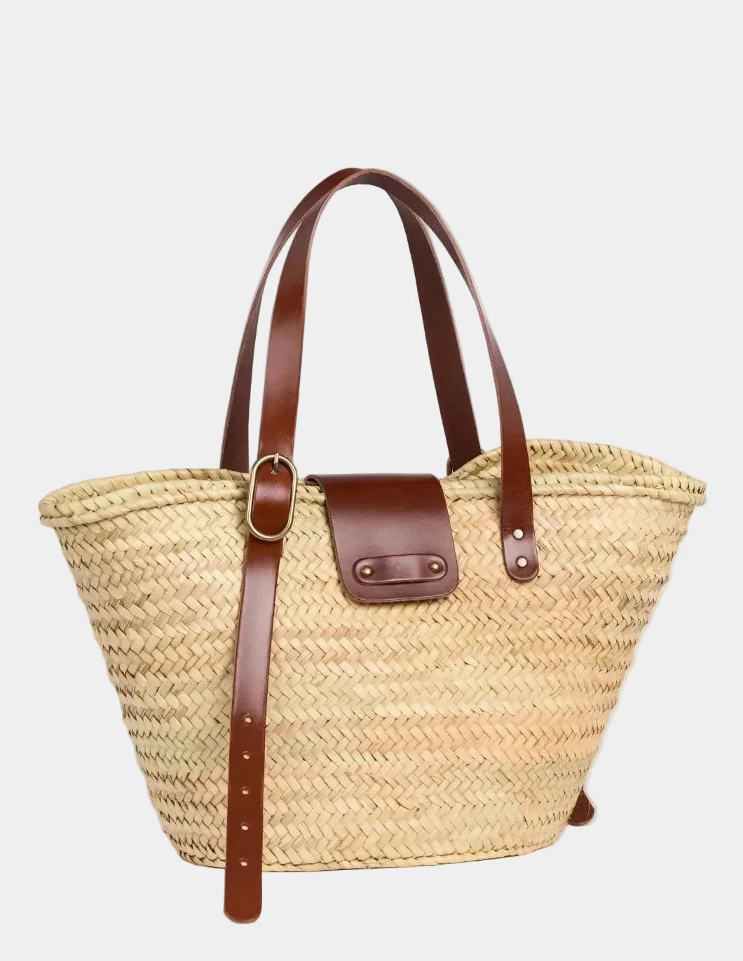 Front view of Aicha palm leaf shopper basket bag with dark brown leather flap and buckle detail #color_dark brown