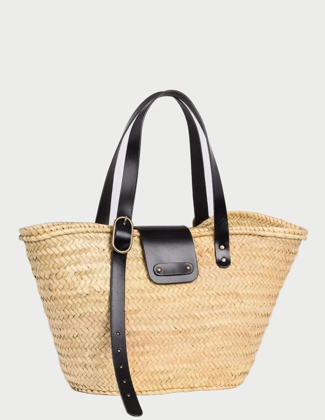 Front view of Aicha palm leaf shopper basket bag with black leather flap and buckle strap