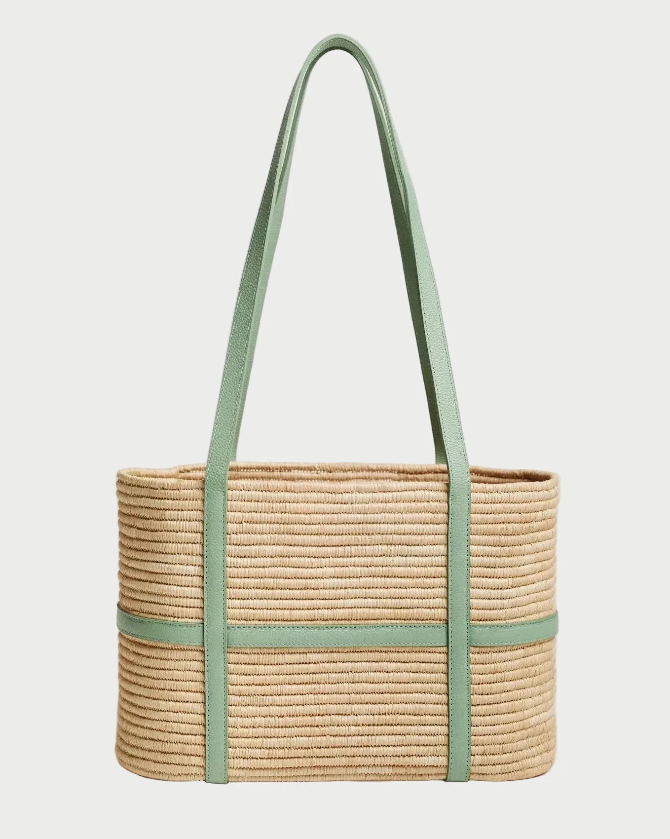 Kenza structured raffia tote with black leather shoulder straps, handwoven in Morocco, front view