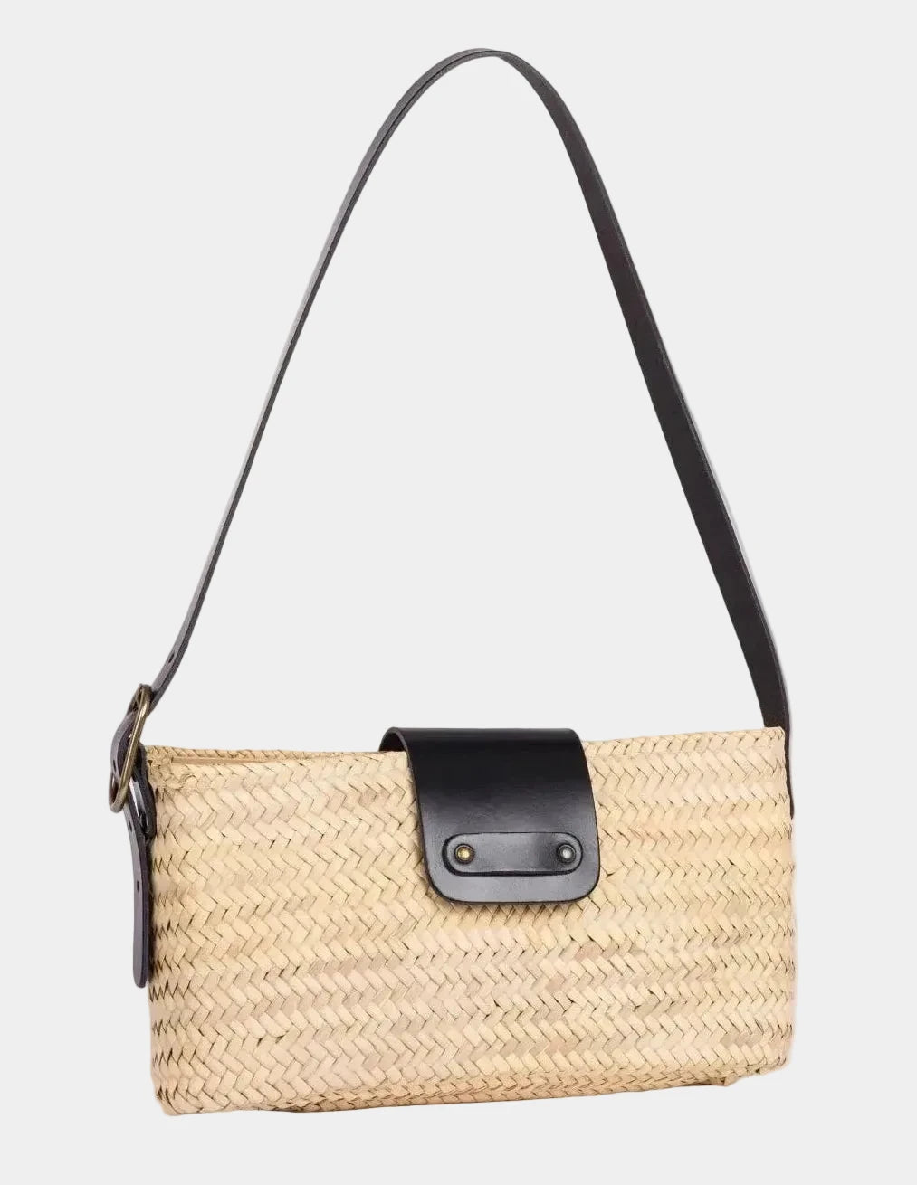 Asmae palm leaf baguette bag with black calfskin trim, three-quarter angle #color_black