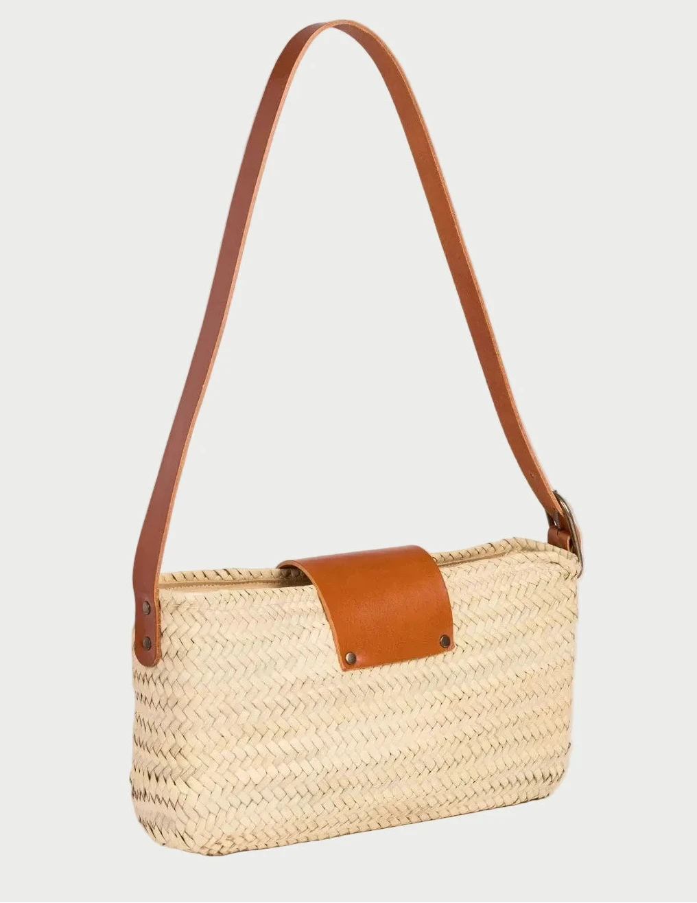 smae palm leaf baguette bag with light brown calfskin trim, rear three-quarter angle