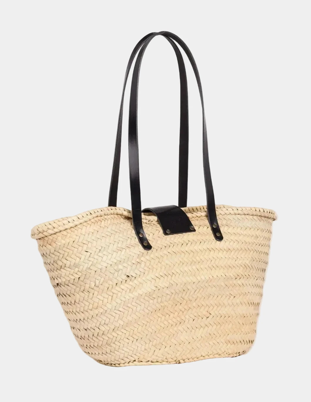Back view of the Fadma Large palm leaf basket bag showing the woven doum palm and black calfskin straps #color_black