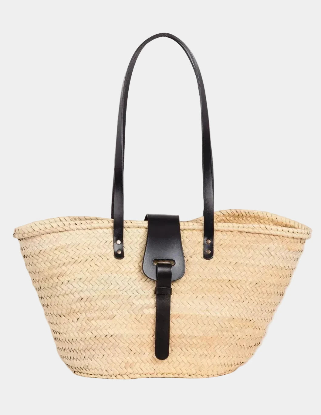 Fadma Large palm leaf basket bag with black calfskin handles and shoulder straps, front view #color_black