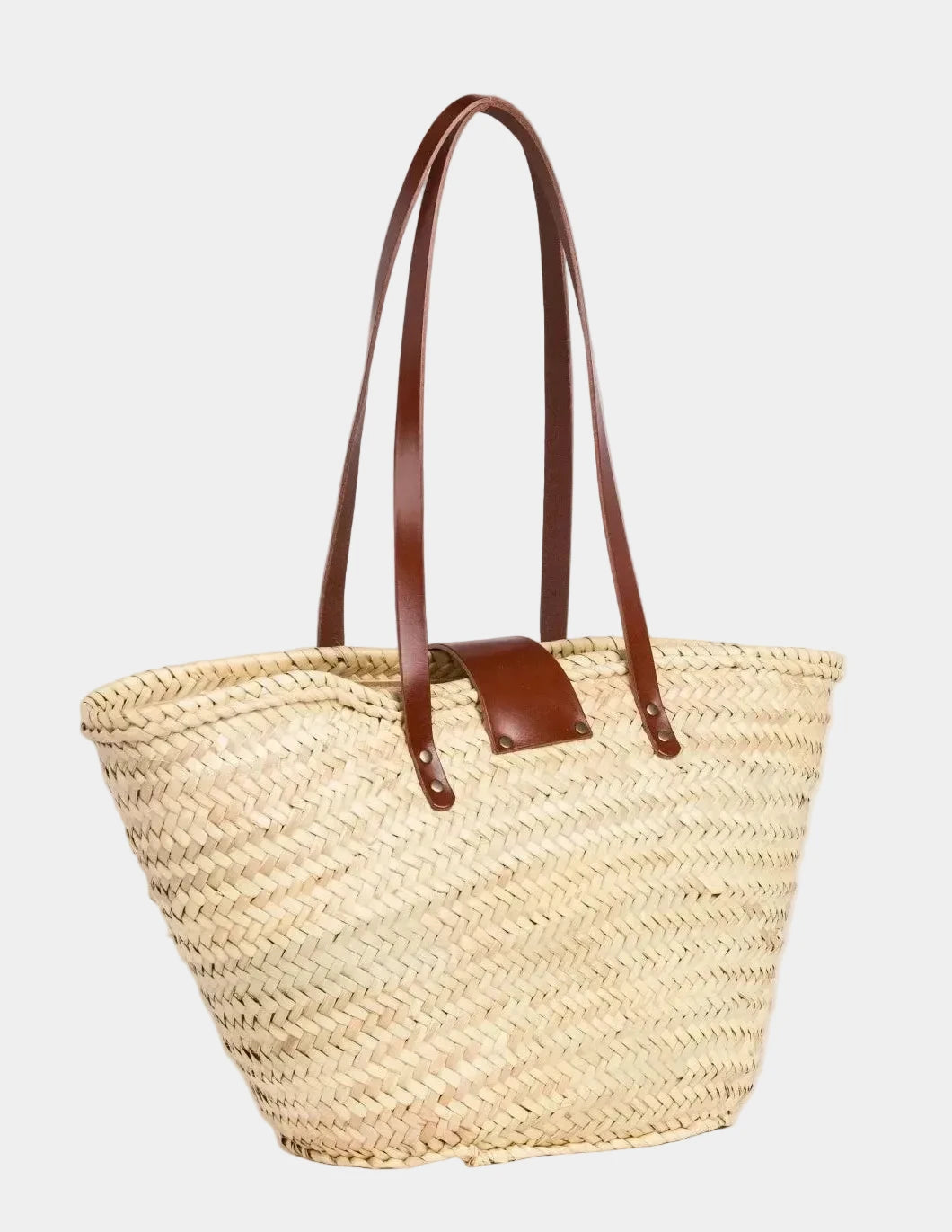 Back view of the Fadma Large palm leaf basket bag showing the woven doum palm #color_dark brown