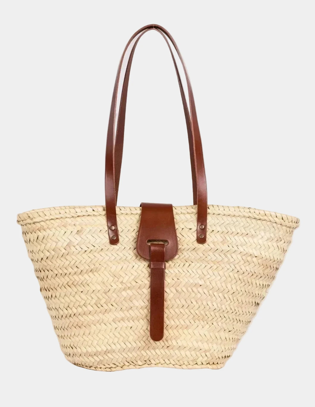 Fadma Large palm leaf basket bag with dark brown calfskin handles and shoulder straps, front view #color_dark brown