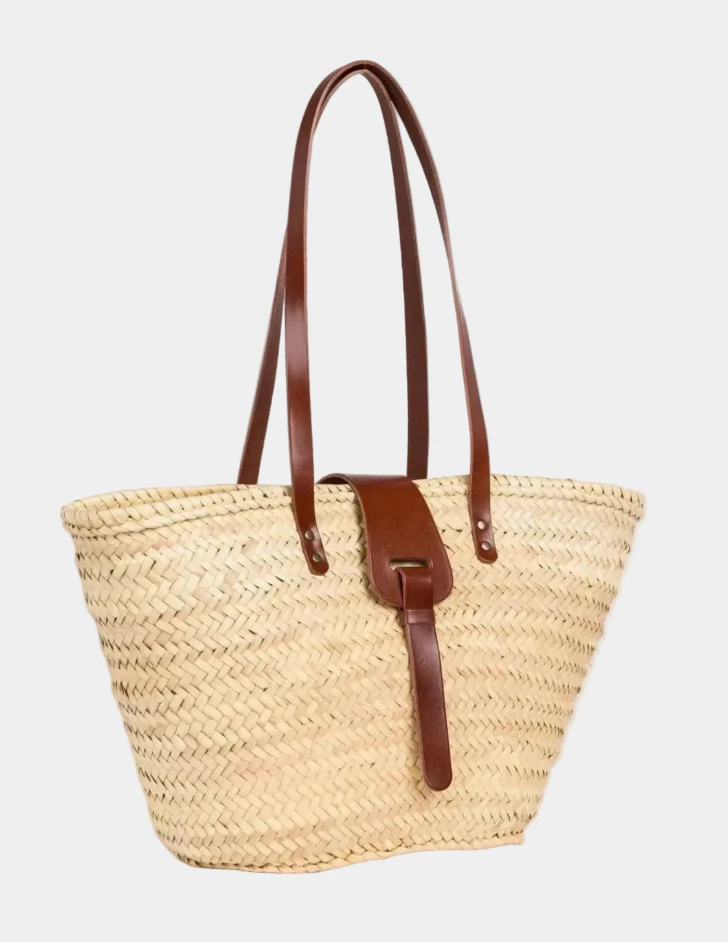 view of the spacious Fadma Large palm leaf basket bag #color_dark brown