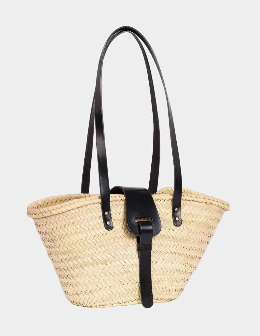 Fadma Small palm leaf basket bag with calf calfskin handles and shoulder straps, front
