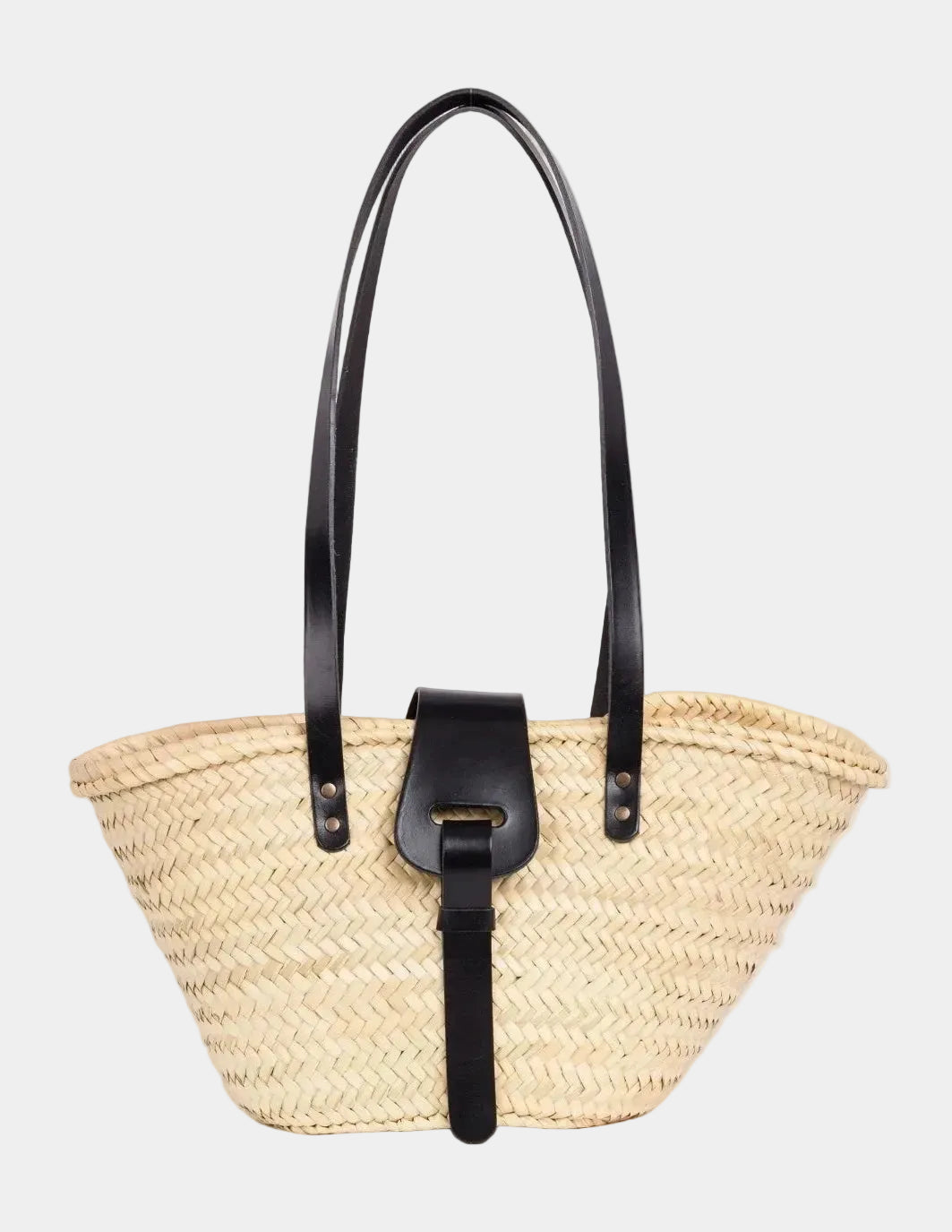 Fadma Small palm leaf basket bag with black calfskin handles and shoulder straps, front view