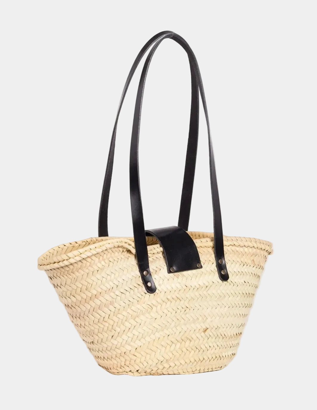 Back view of the Fadma Small palm leaf basket bag showing the woven doum palm and black calfskin straps