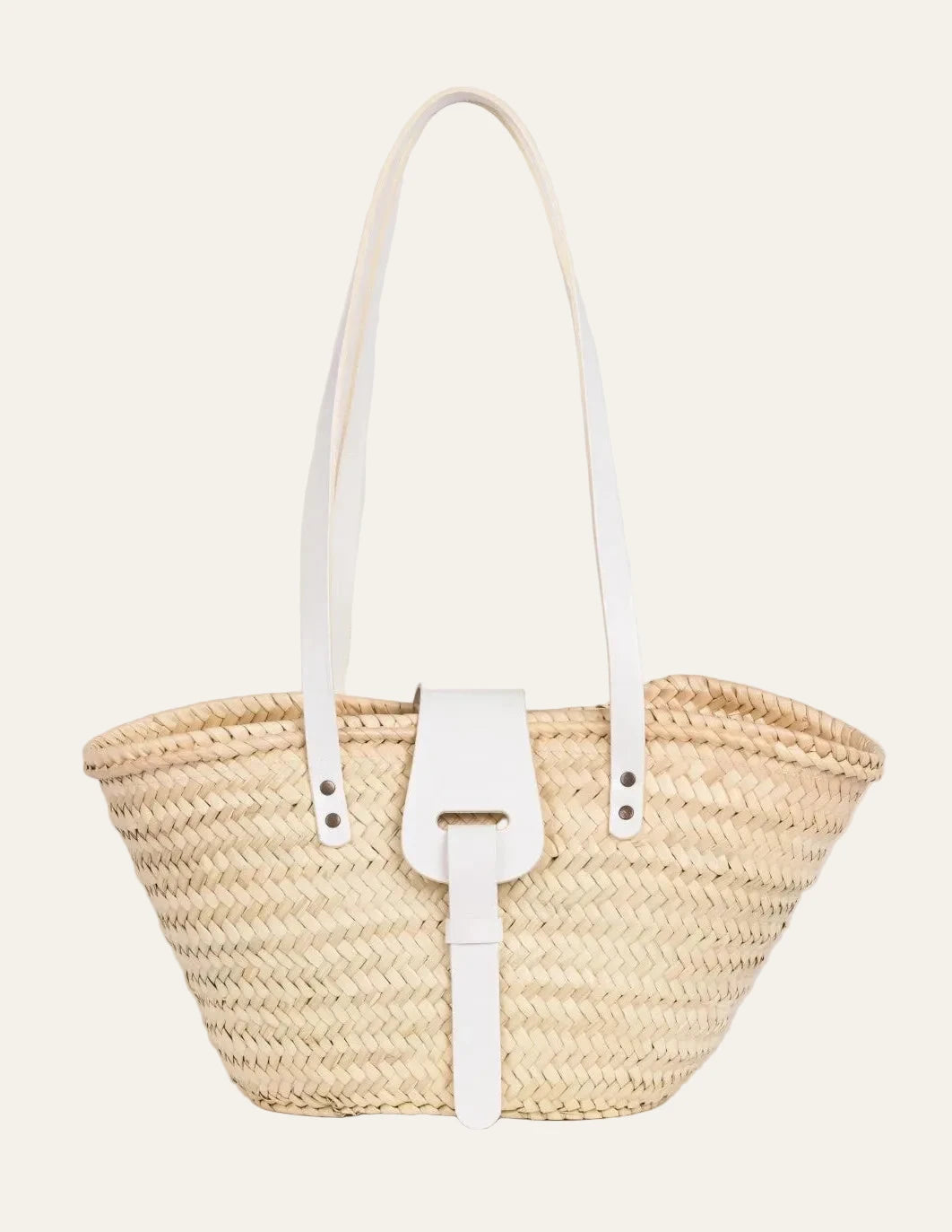 Fadma Small palm leaf basket bag with white calfskin handles and shoulder straps, front view