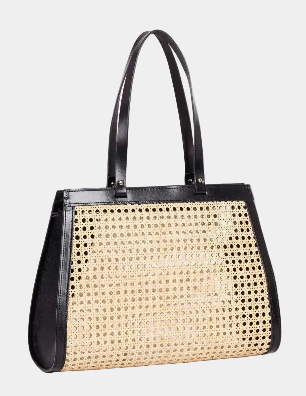 Lamia rattan cane tote with black leather frame and calfskin handles, side angle #color_black