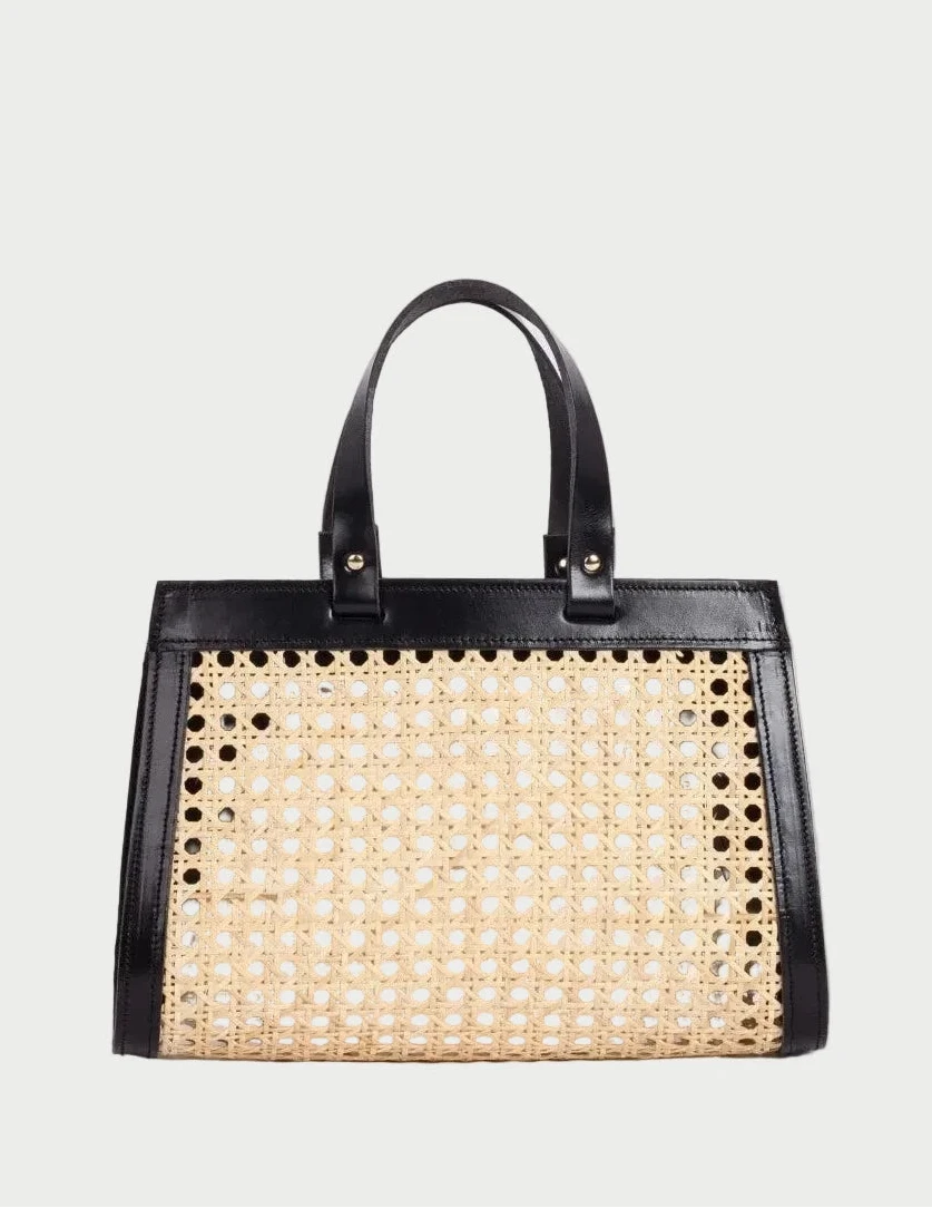 Lamia Mini Cane Bag in natural rattan with black leather frame and top handles, front view