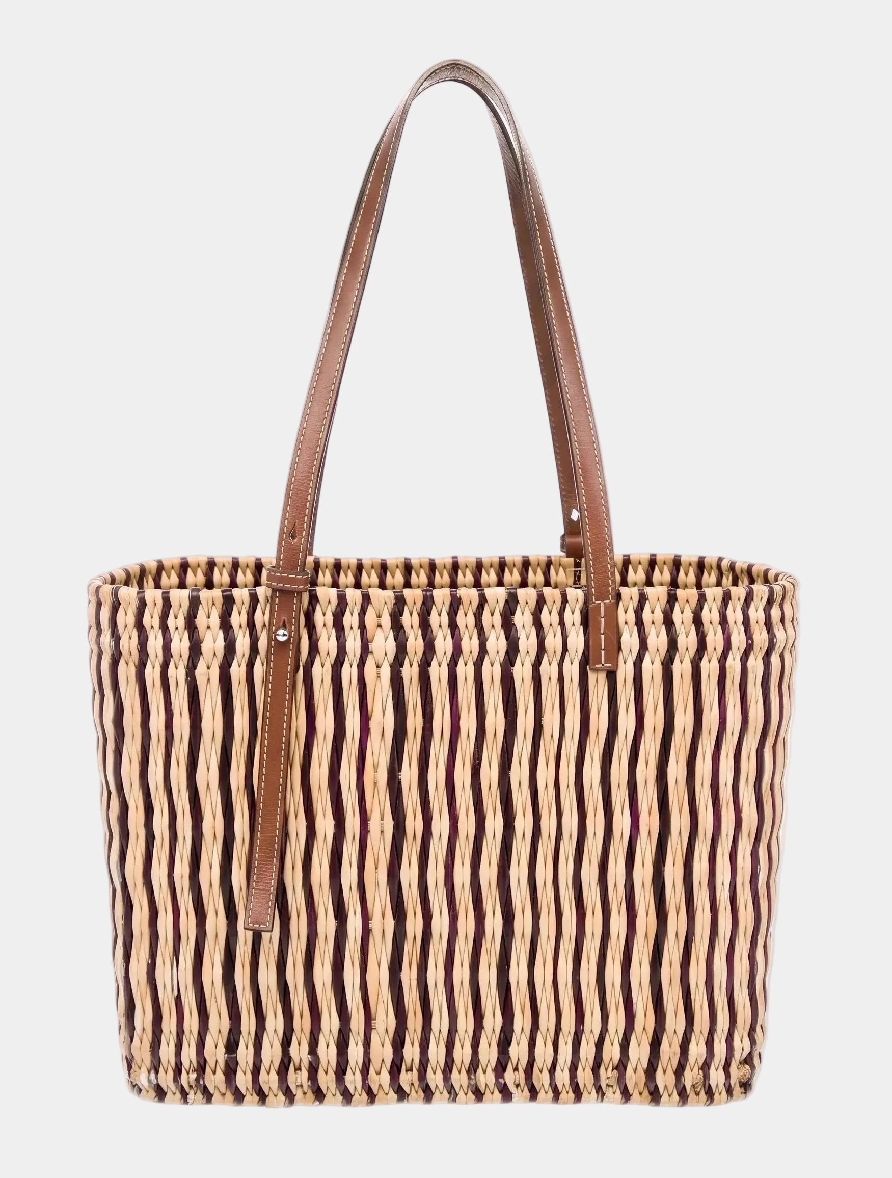 MARRAVIE Ghita hand-woven striped basket tote with tan leather straps, front view