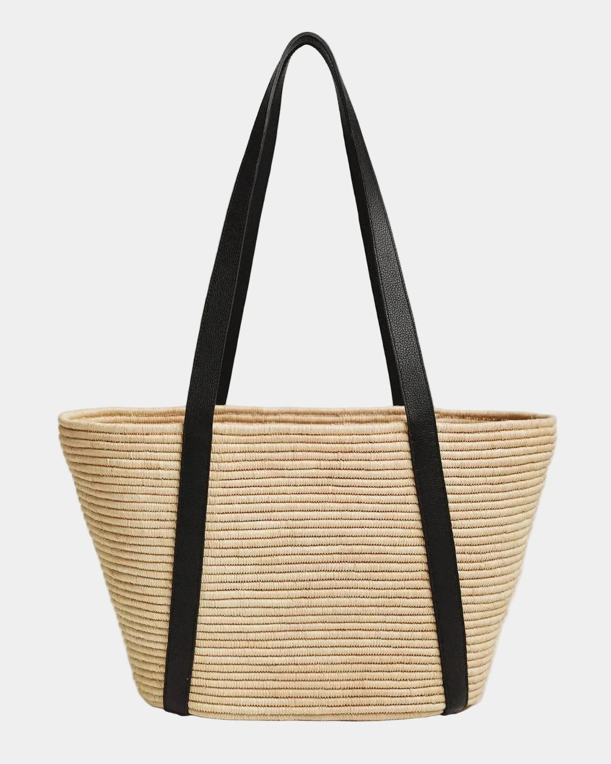 Kenza basket tote in natural raffia with black calfskin shoulder straps, front view #color_black