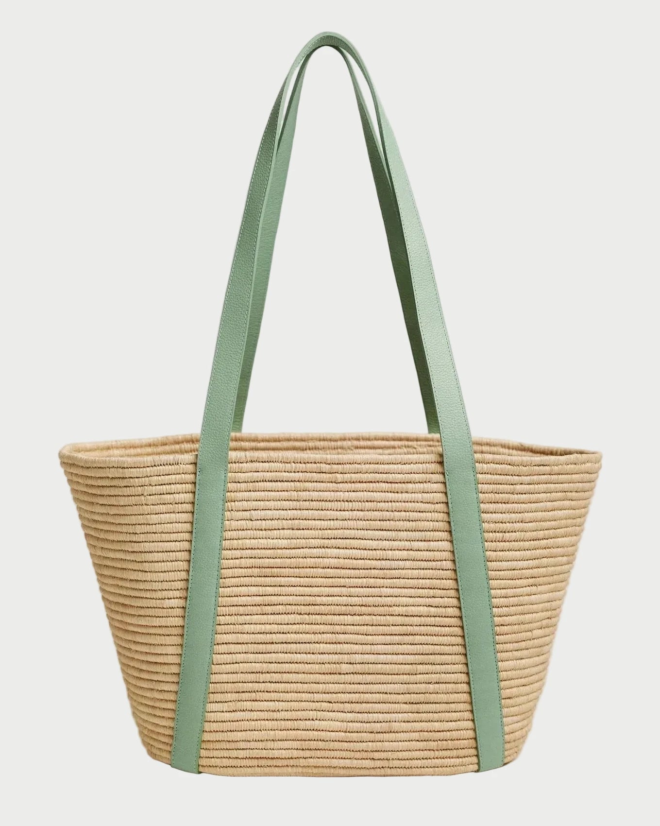 Kenza basket tote in natural raffia with sage calfskin shoulder straps, front view