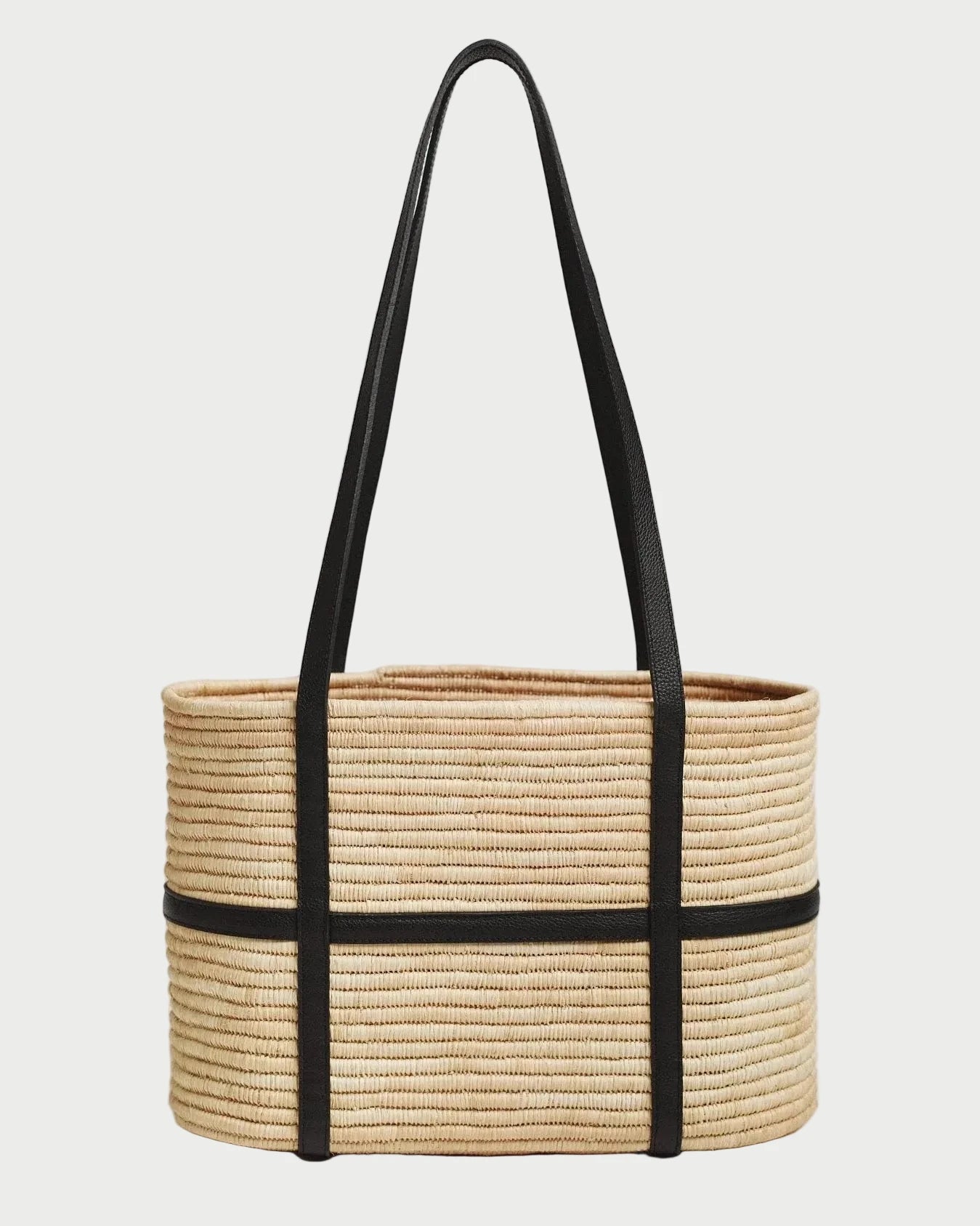 Kenza structured raffia tote with black leather shoulder straps, handwoven in Morocco, front view