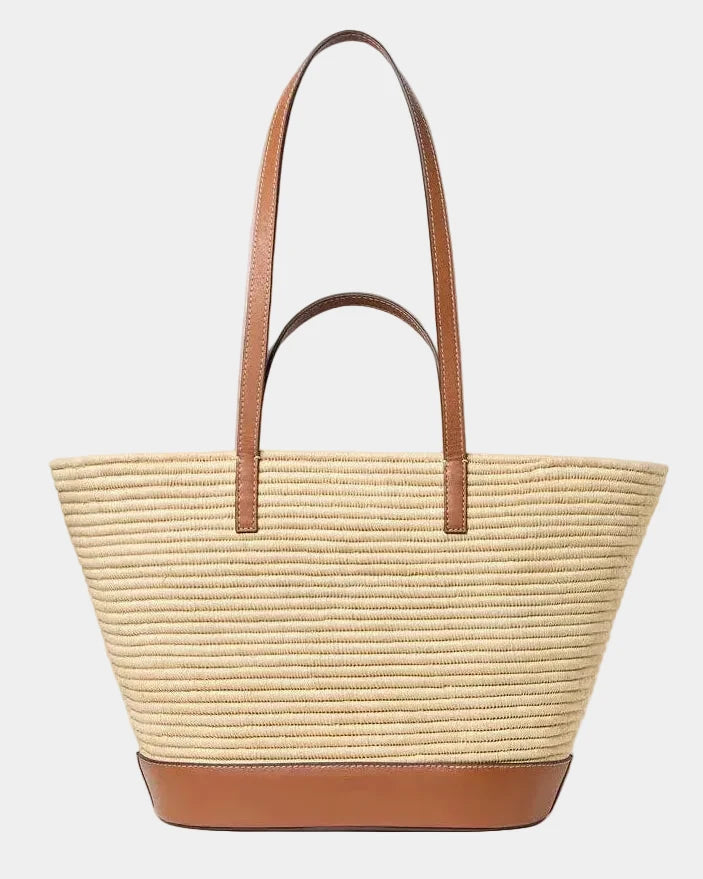Najwa raffia basket tote with cognac leather handles, shoulder straps, and base, front view