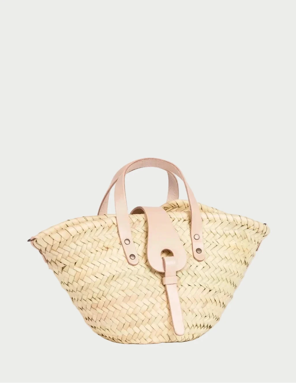 Zahira Mini palm leaf basket bag with natural calfskin top handles, front view