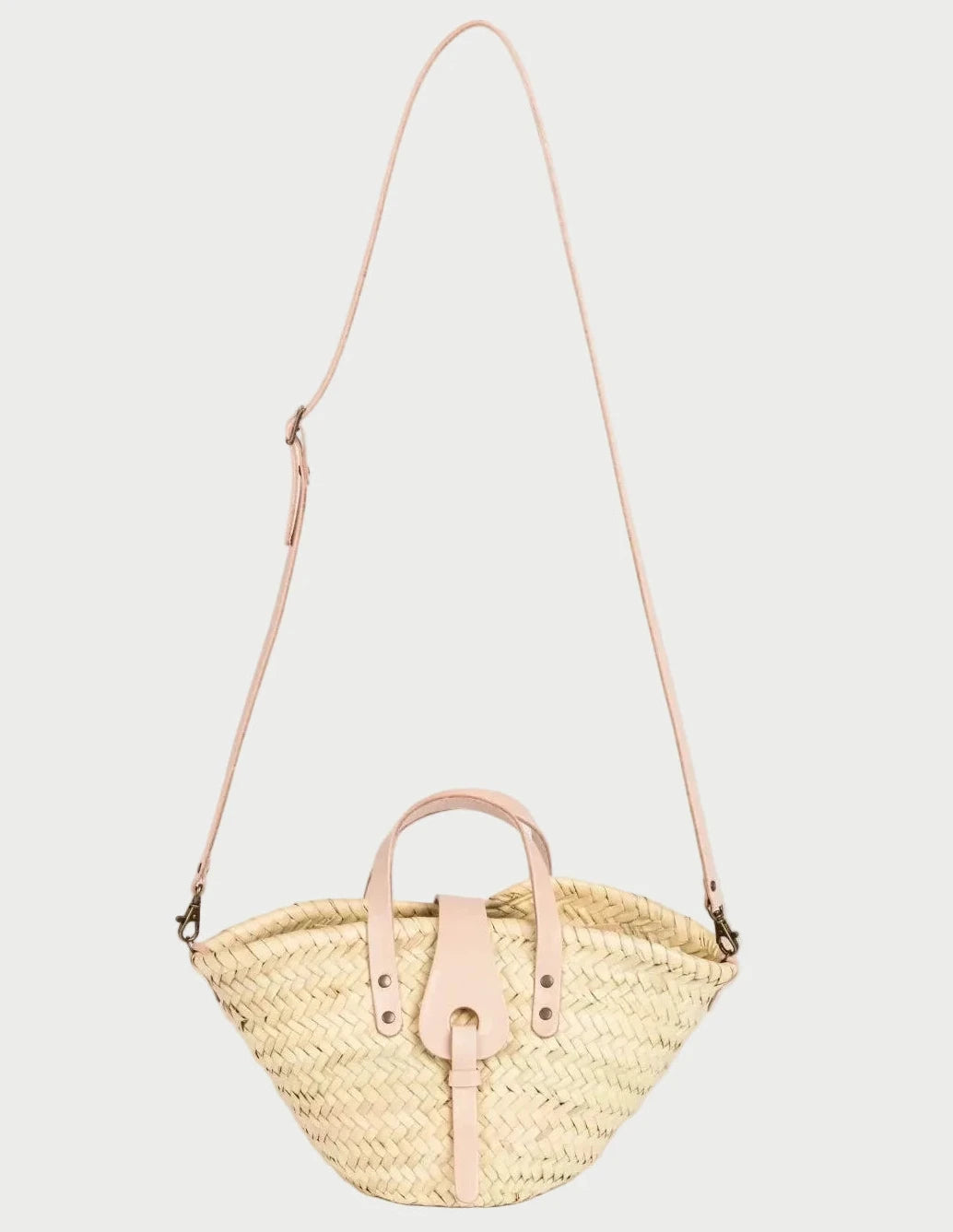 Zahira Mini palm leaf basket bag with natural calfskin top handles and strap shoulder, front view