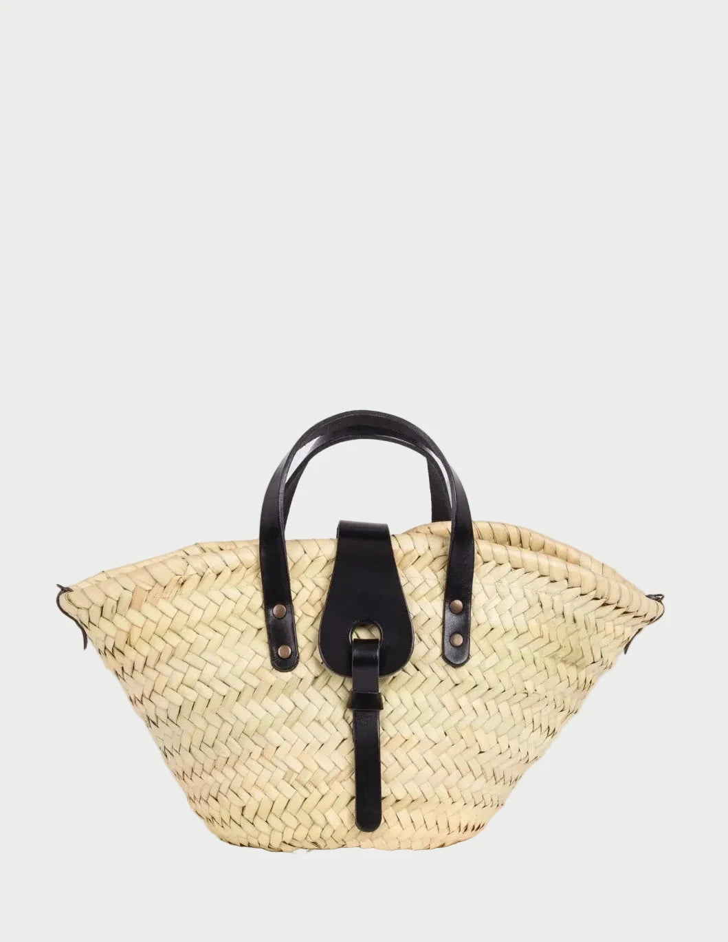 Zahira Mini handwoven palm leaf basket bag with black calfskin top handles