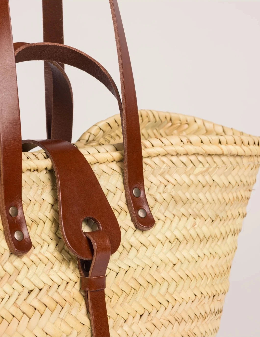 Close-up of the dark brown calfskin front strap and trim on the Zhour Large