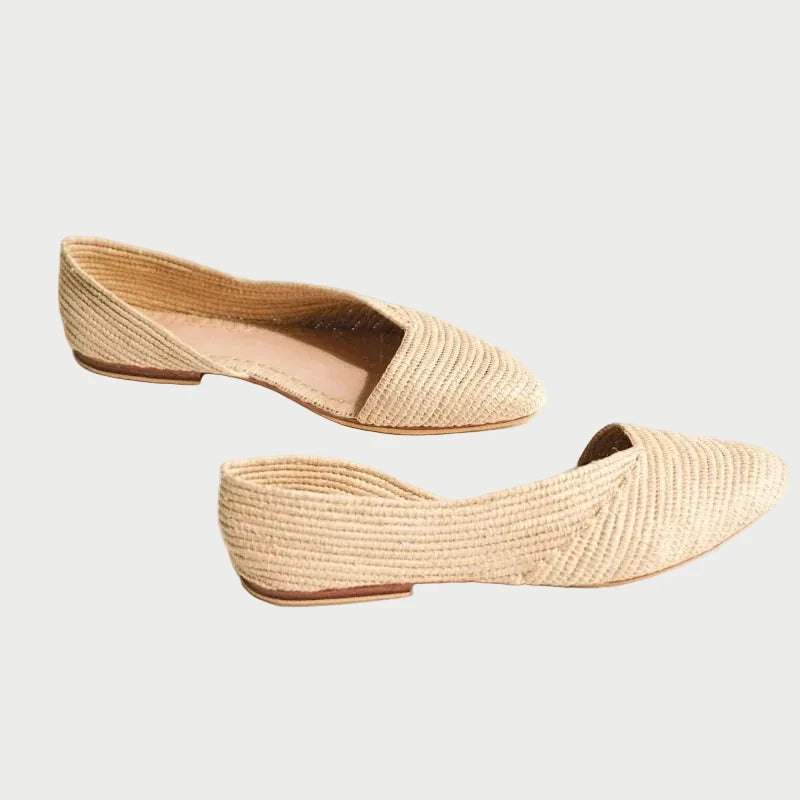Zineb handwoven raffia flats in natural beige with pointed toe and low heel, pair view