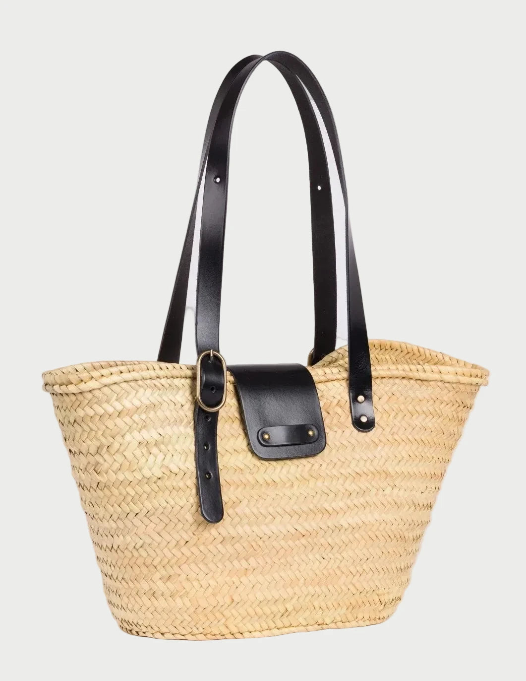 Aicha handwoven Moroccan basket bag with black leather shoulder handles and buckle detail
