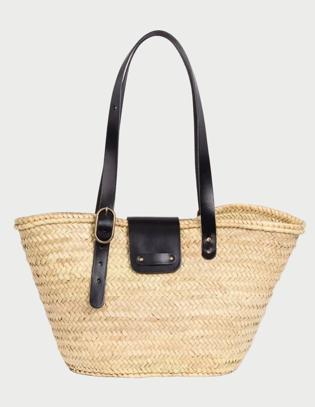     Aicha palm leaf basket bag with black calfskin leather handles and front flap closure