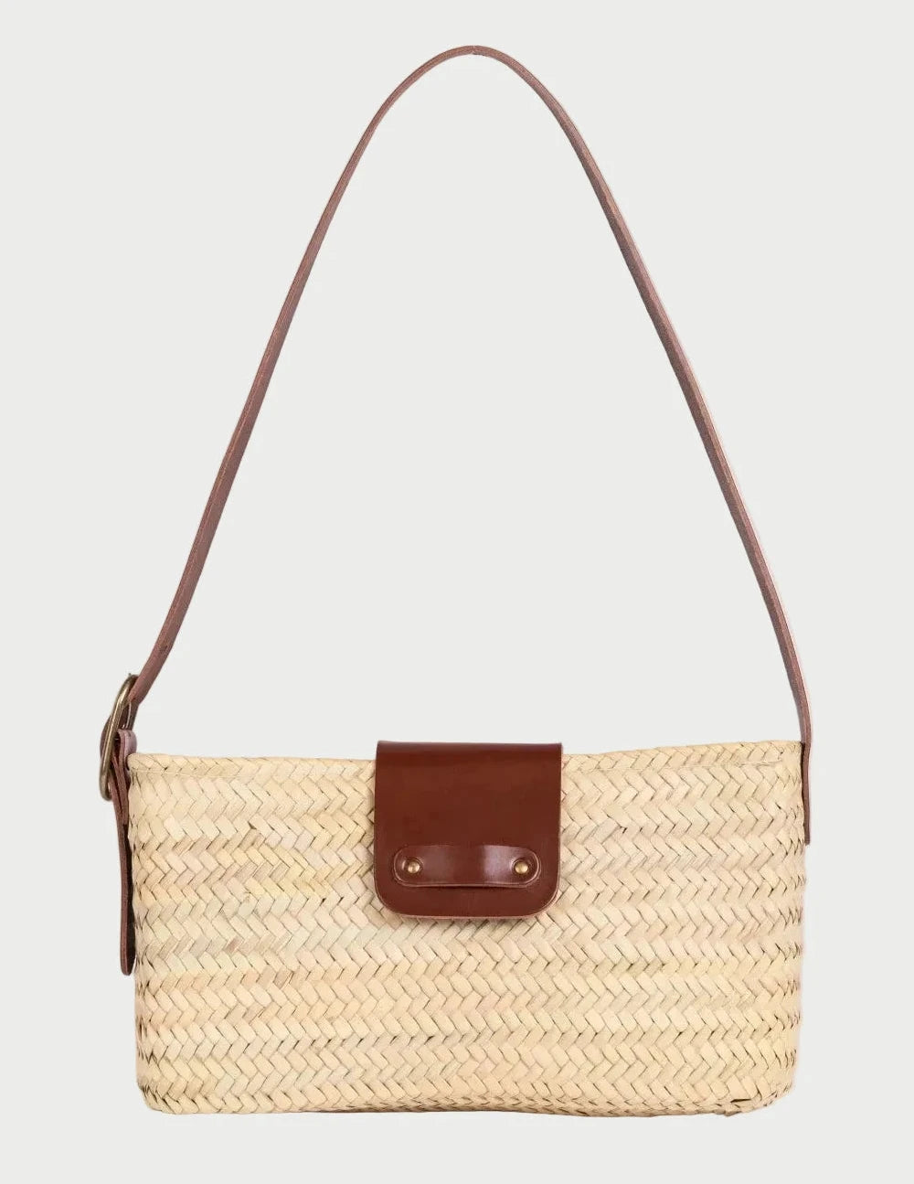 Asmae Baguette Bag in handwoven palm leaf with dark brown calfskin strap and front flap, front view