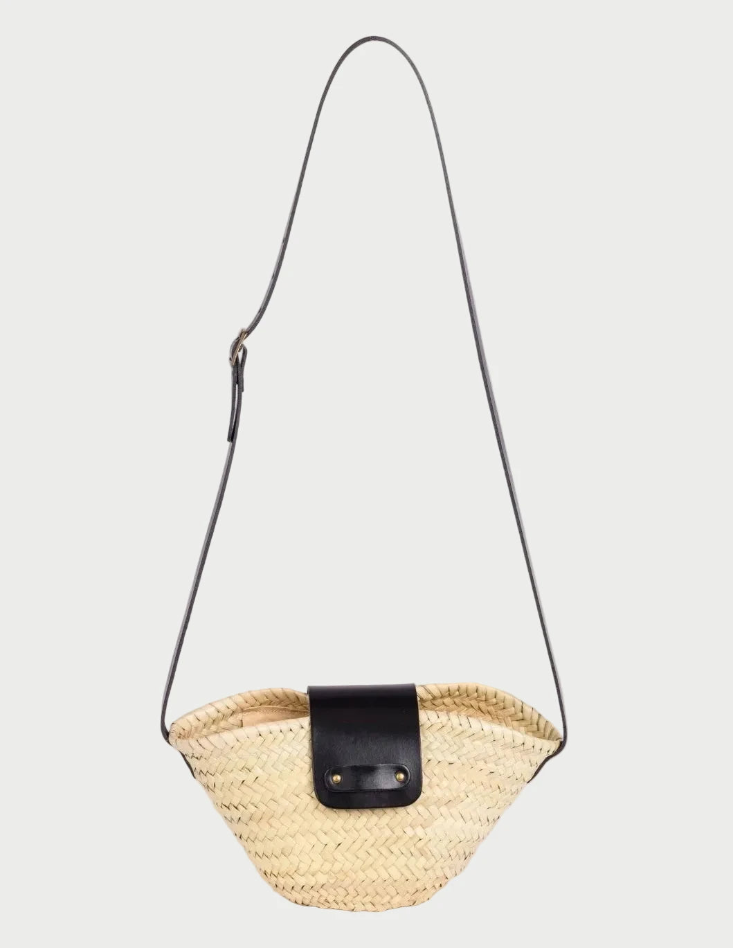 Dija Crossbody palm leaf basket bag with black calfskin strap and flap, front view