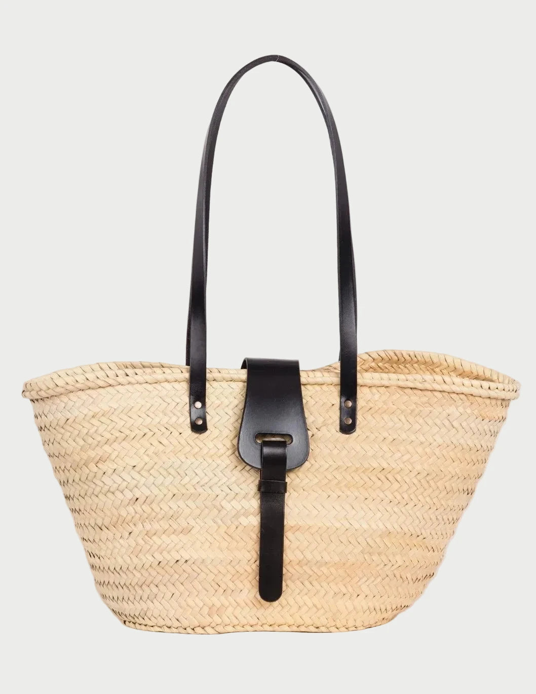 Fadma Large palm leaf basket bag with black calfskin handles and shoulder straps, front view