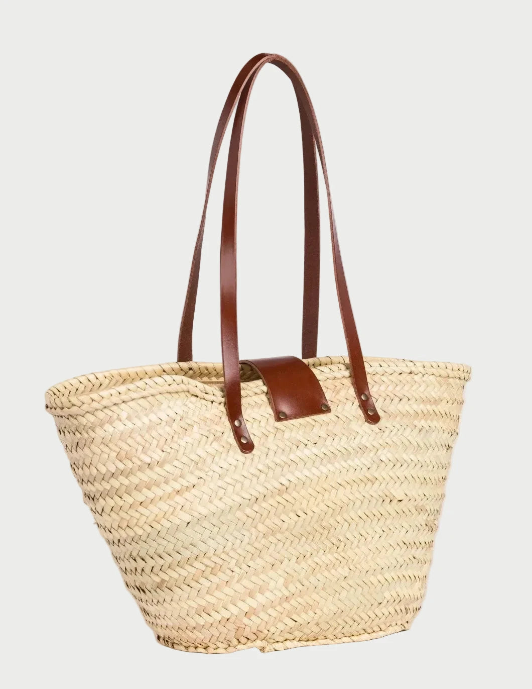 Back view of the Fadma Large palm leaf basket bag showing the woven doum palm