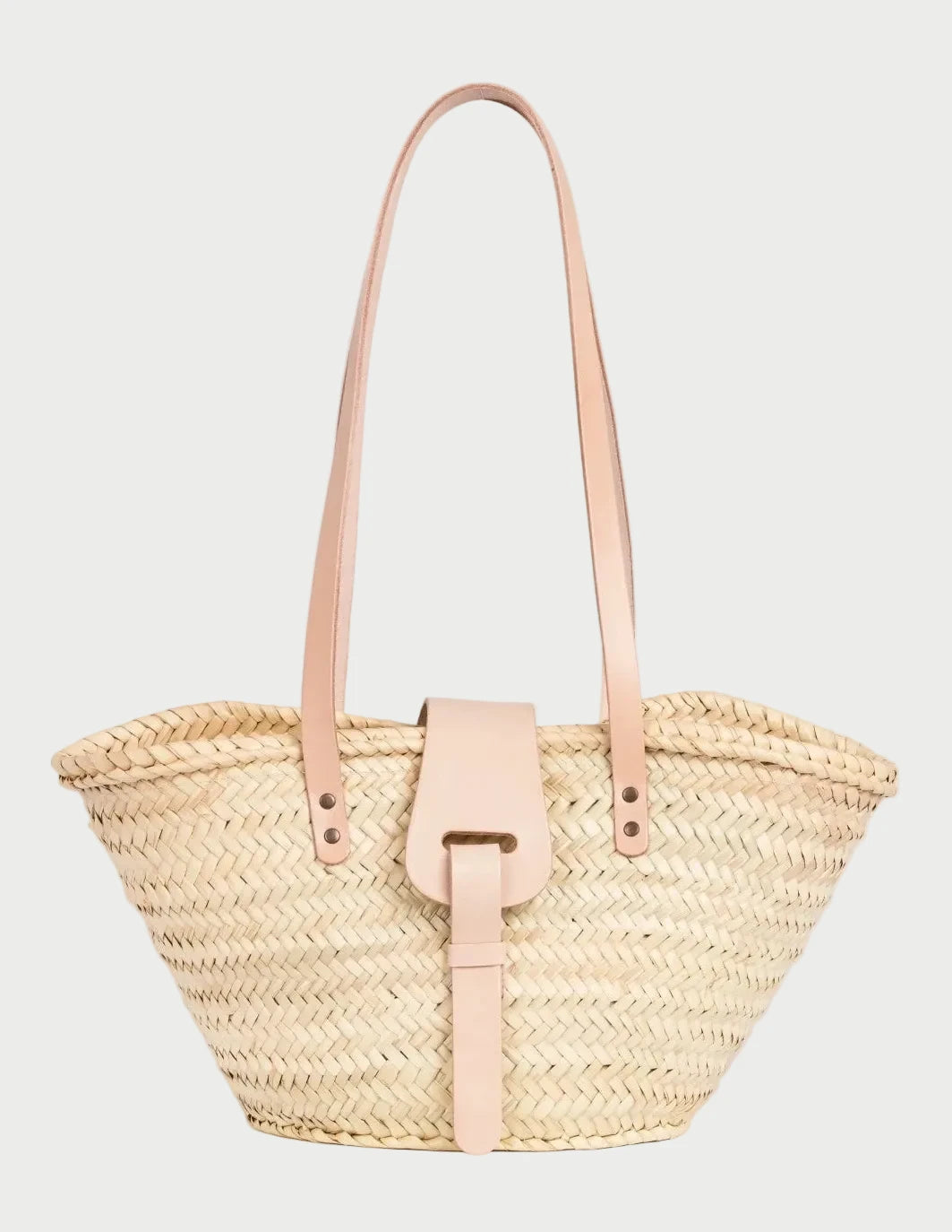 Fadma Small palm leaf basket bag with natural calfskin handles and shoulder straps, front view