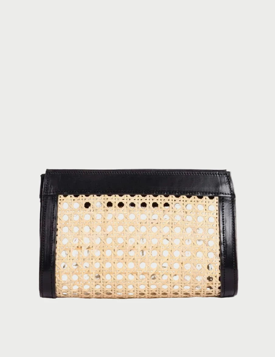 Lamia Cane Clutch in natural rattan with black leather frame, front view