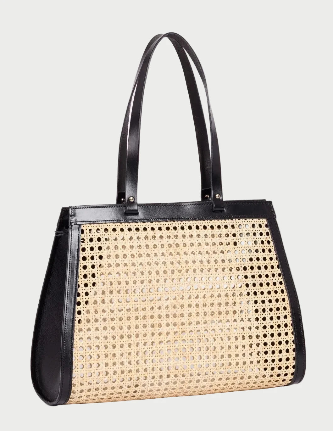 Lamia rattan cane tote with black leather frame and calfskin handles, side angle