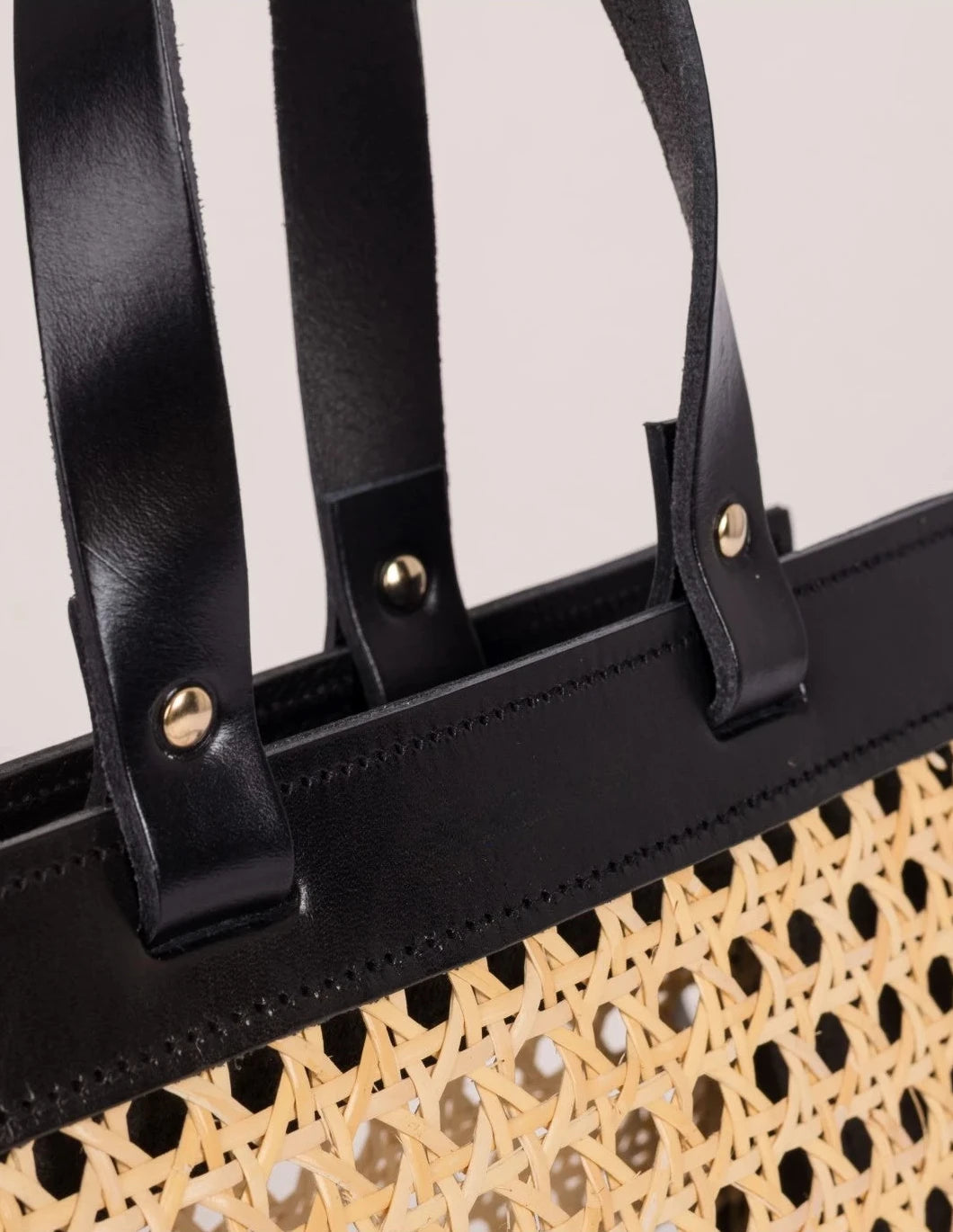 Close-up of the black calfskin top handles and leather frame on the Lamia Mini Cane Bag