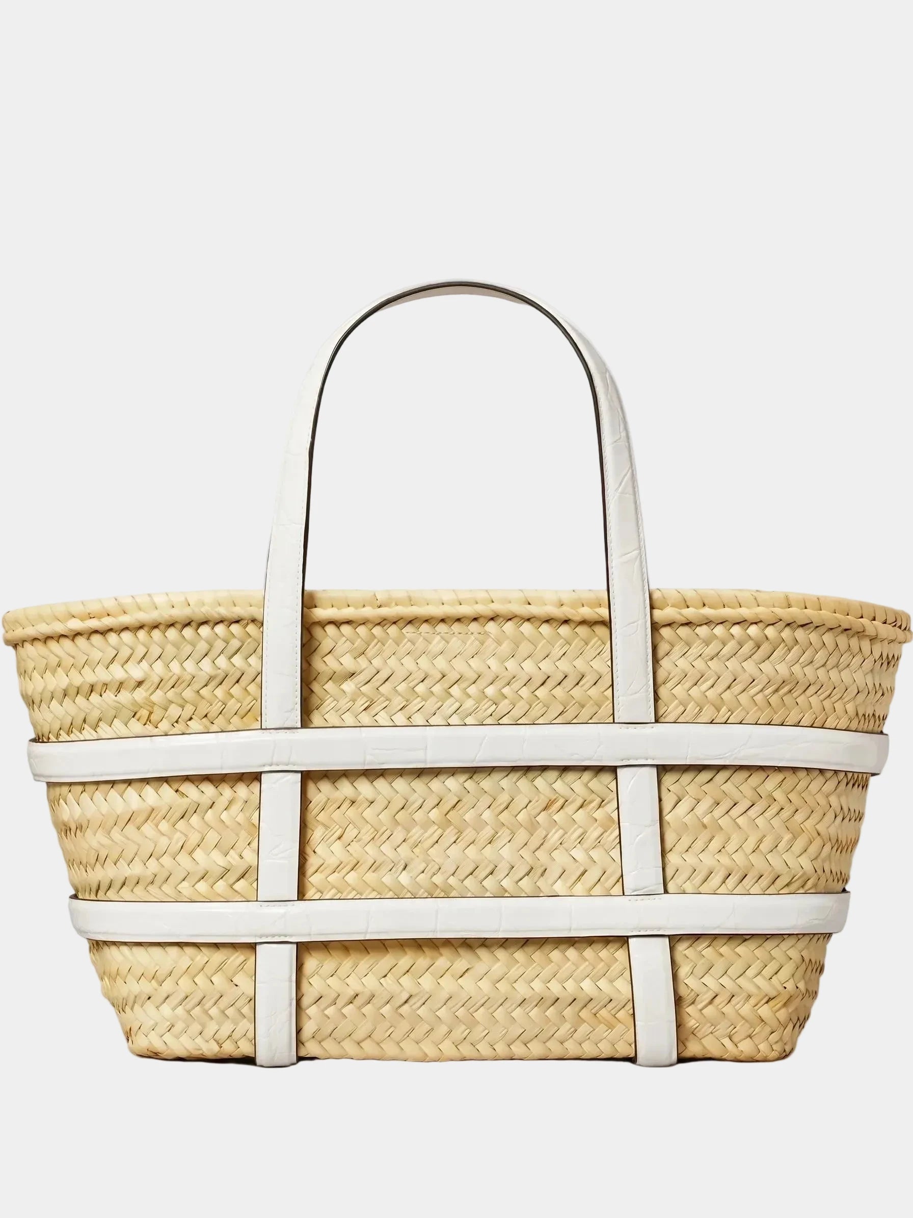 Malika handwoven palm basket tote with white leather frame and handles, front view