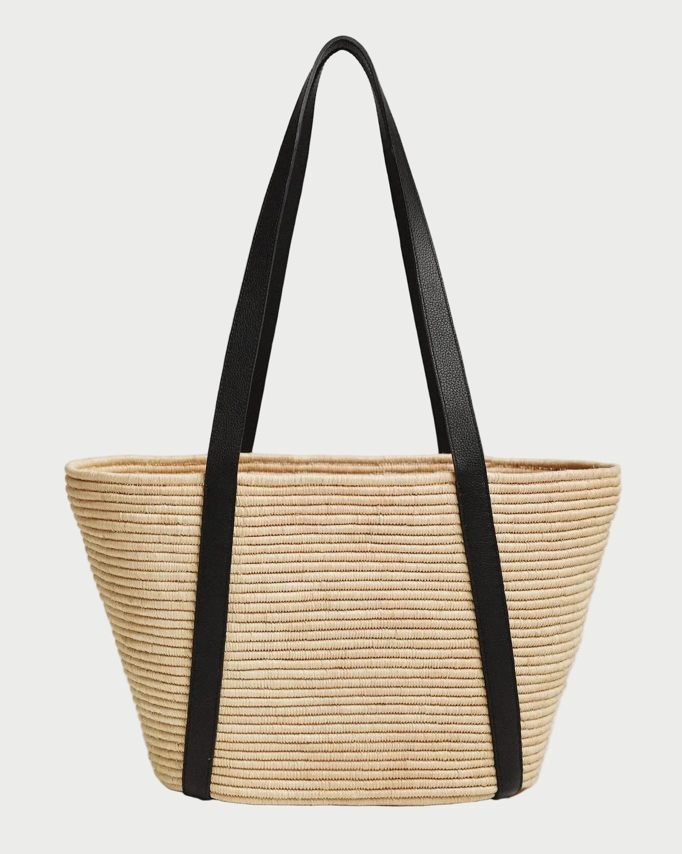 Kenza basket tote in natural raffia with black calfskin shoulder straps, front view