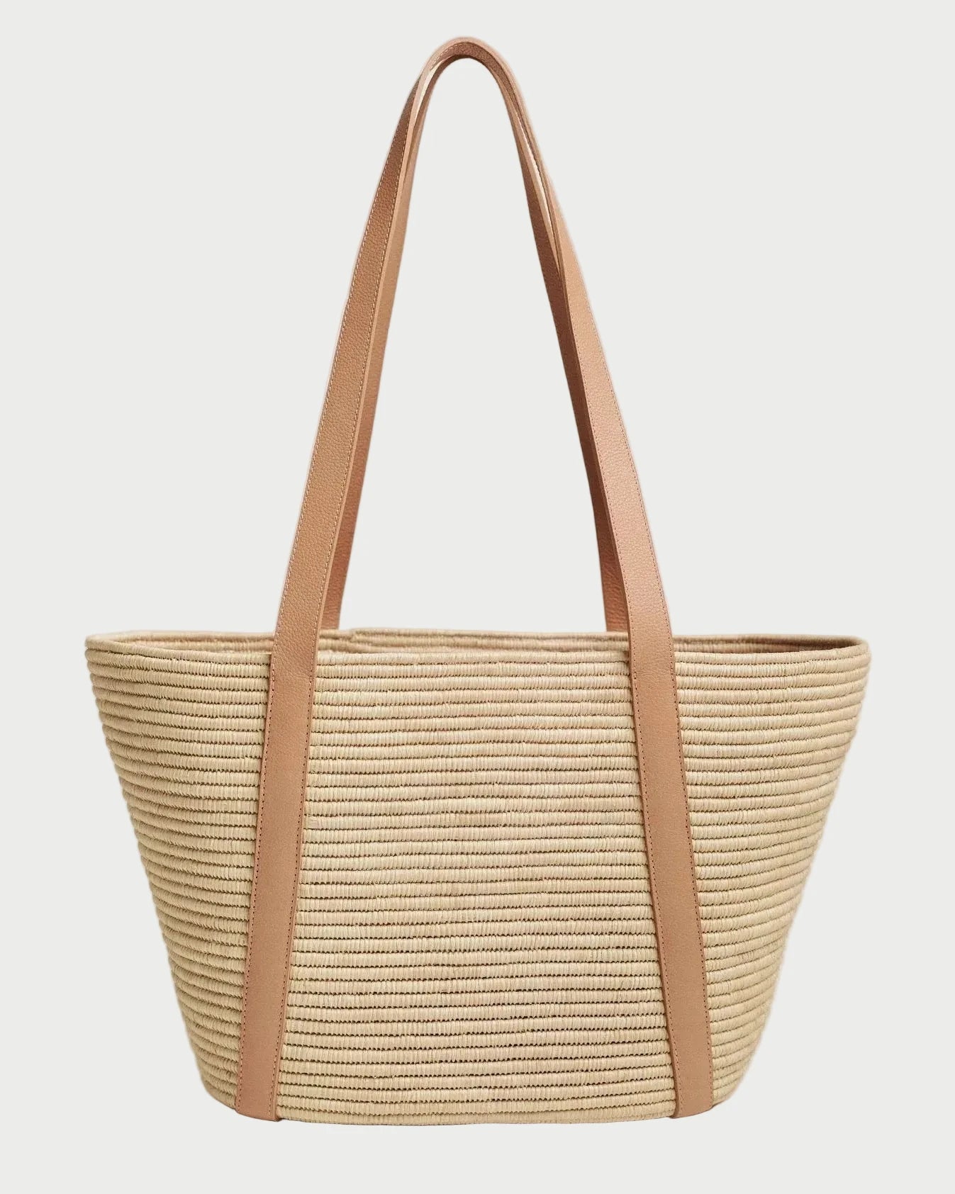 Kenza basket tote in natural raffia with natural beige calfskin shoulder straps, front view