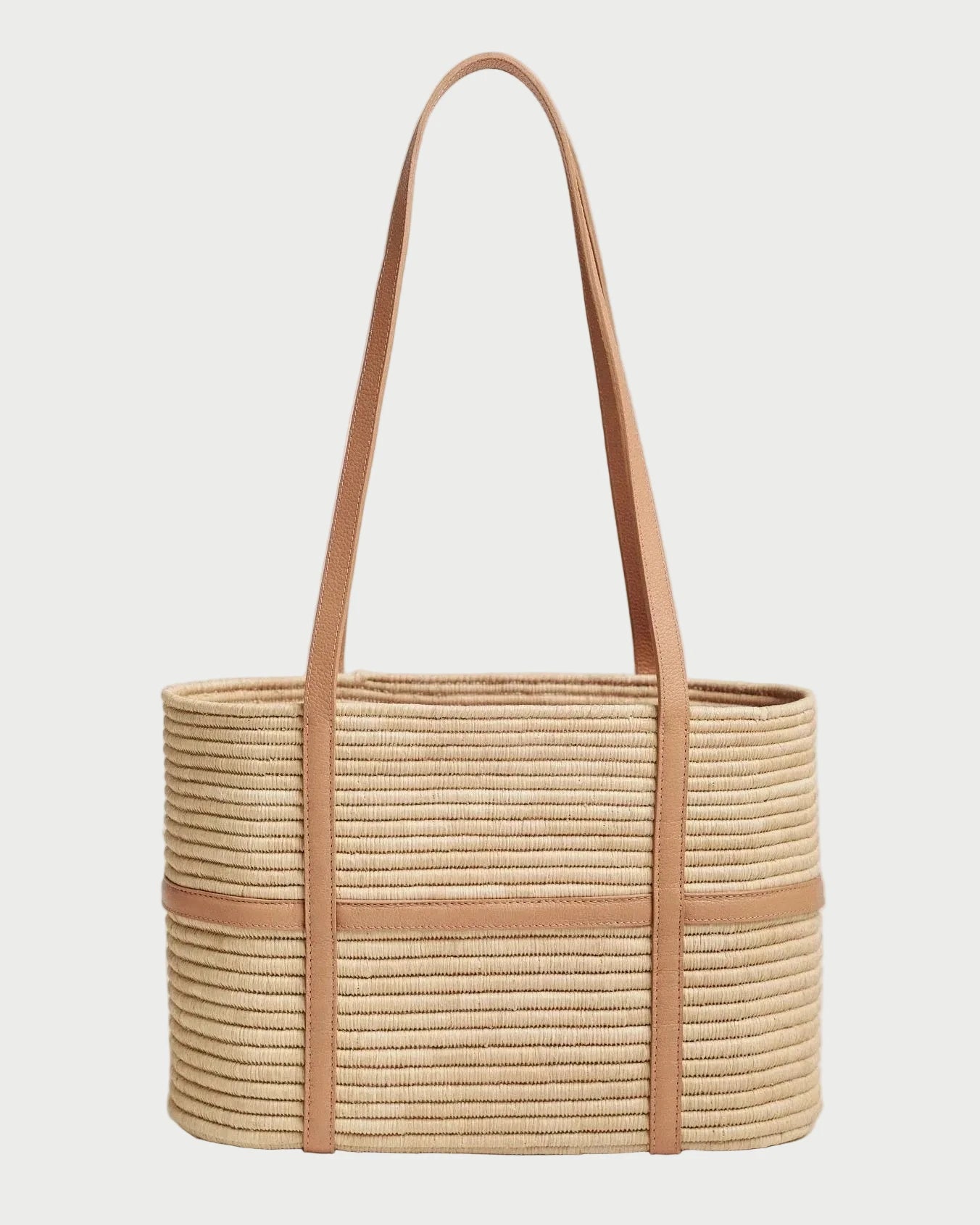 Kenza structured raffia tote with natural beige leather straps, handwoven raffia palm, front view