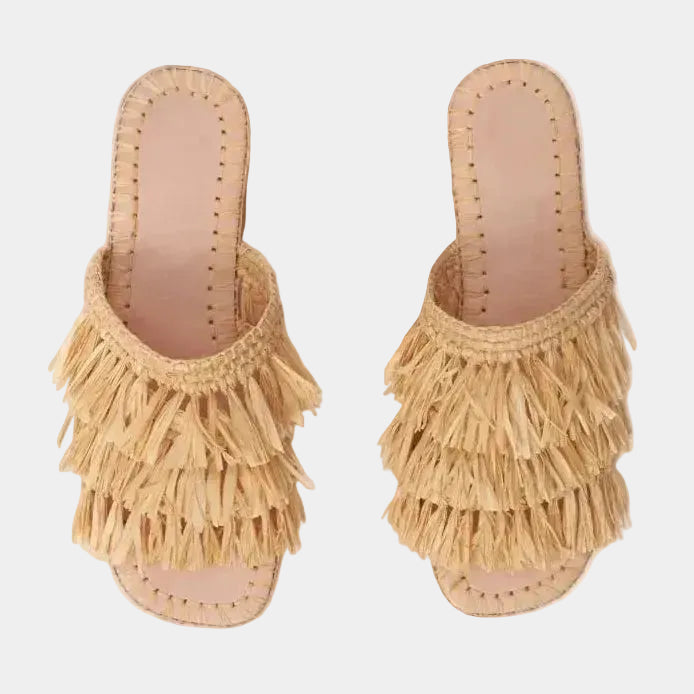 Handmade natural raffia fringe slide sandals with layered fringe, top view — Silya slide by MARRAVIE, made in Marrakech