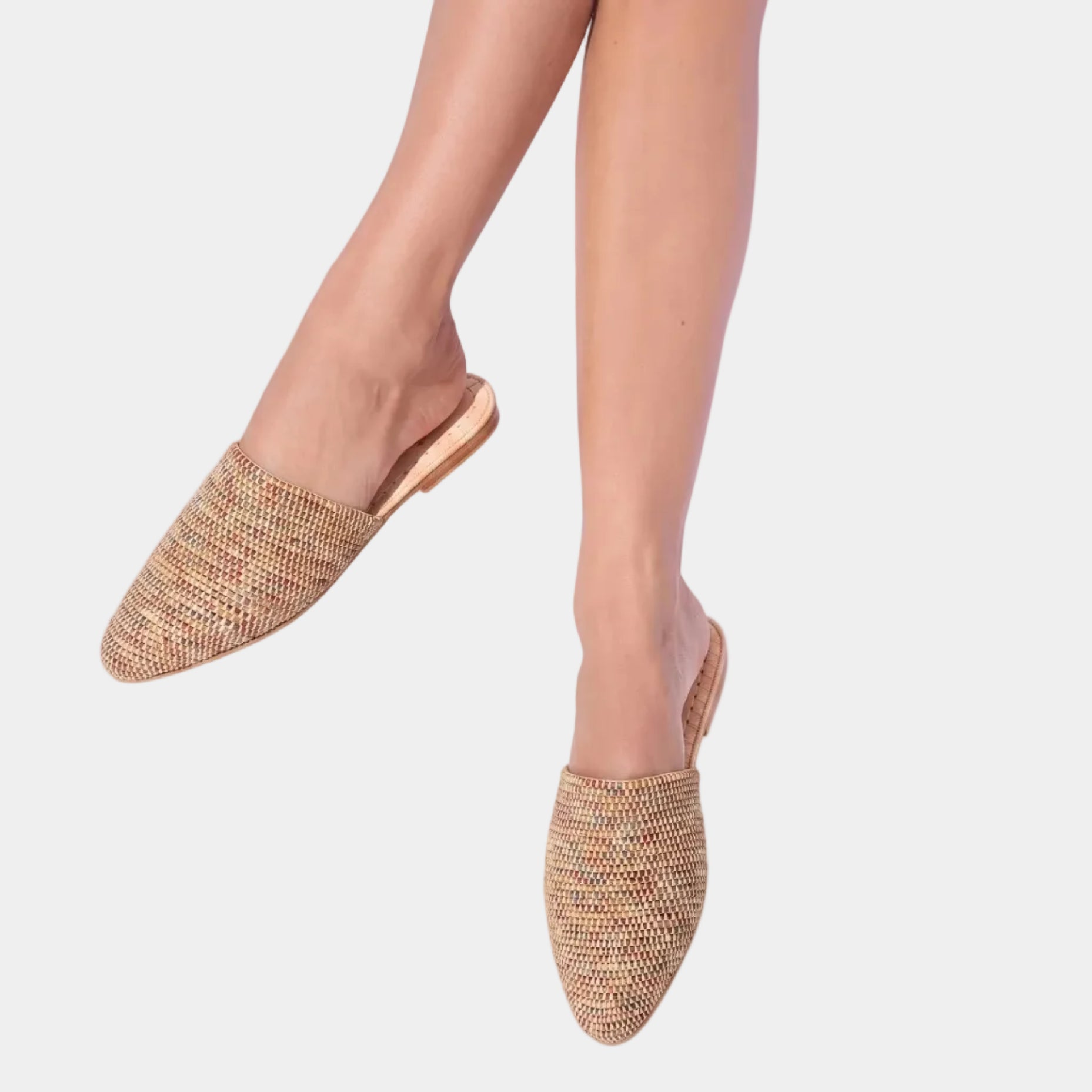 Woman wearing multicolor raffia babouche mules, close-up on feet — Tilila mule in Mix by MARRAVIE