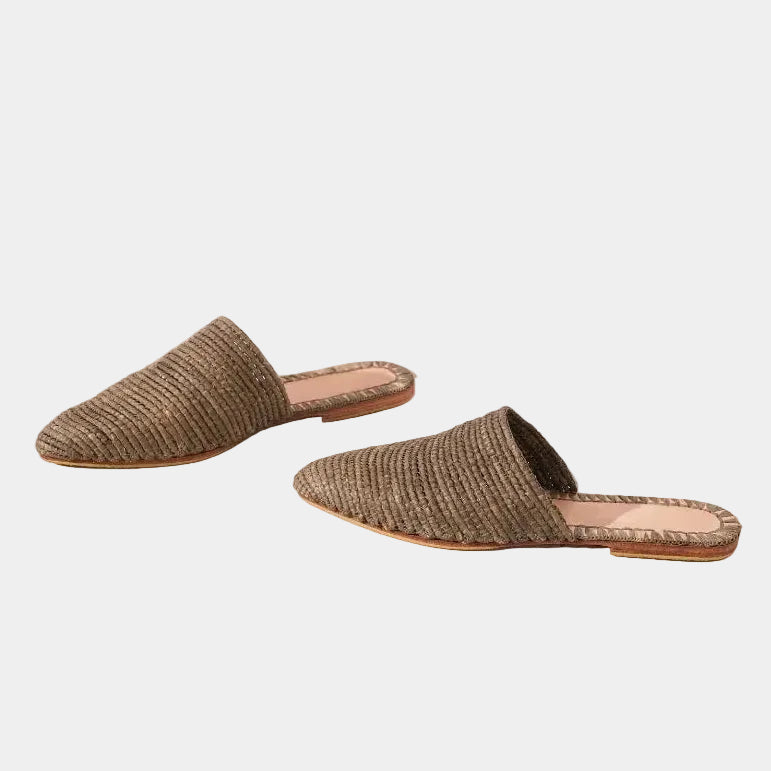 tobacco raffia babouche mules displayed on white background— Tilila mule by marravie