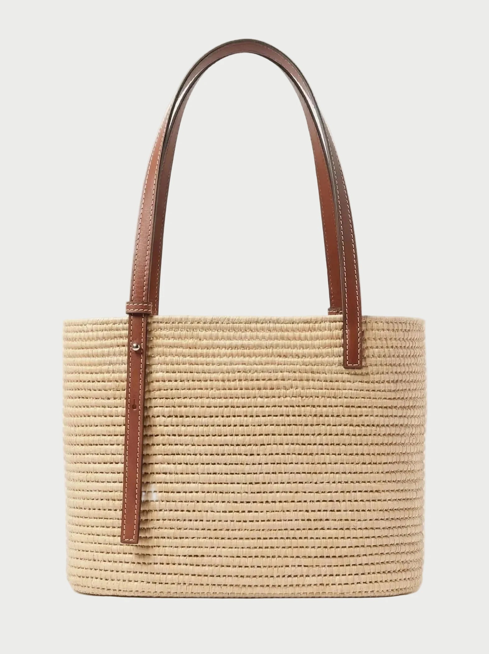 asmine Raffia Tote in brown handwoven raffia with brown calfskin straps, front view