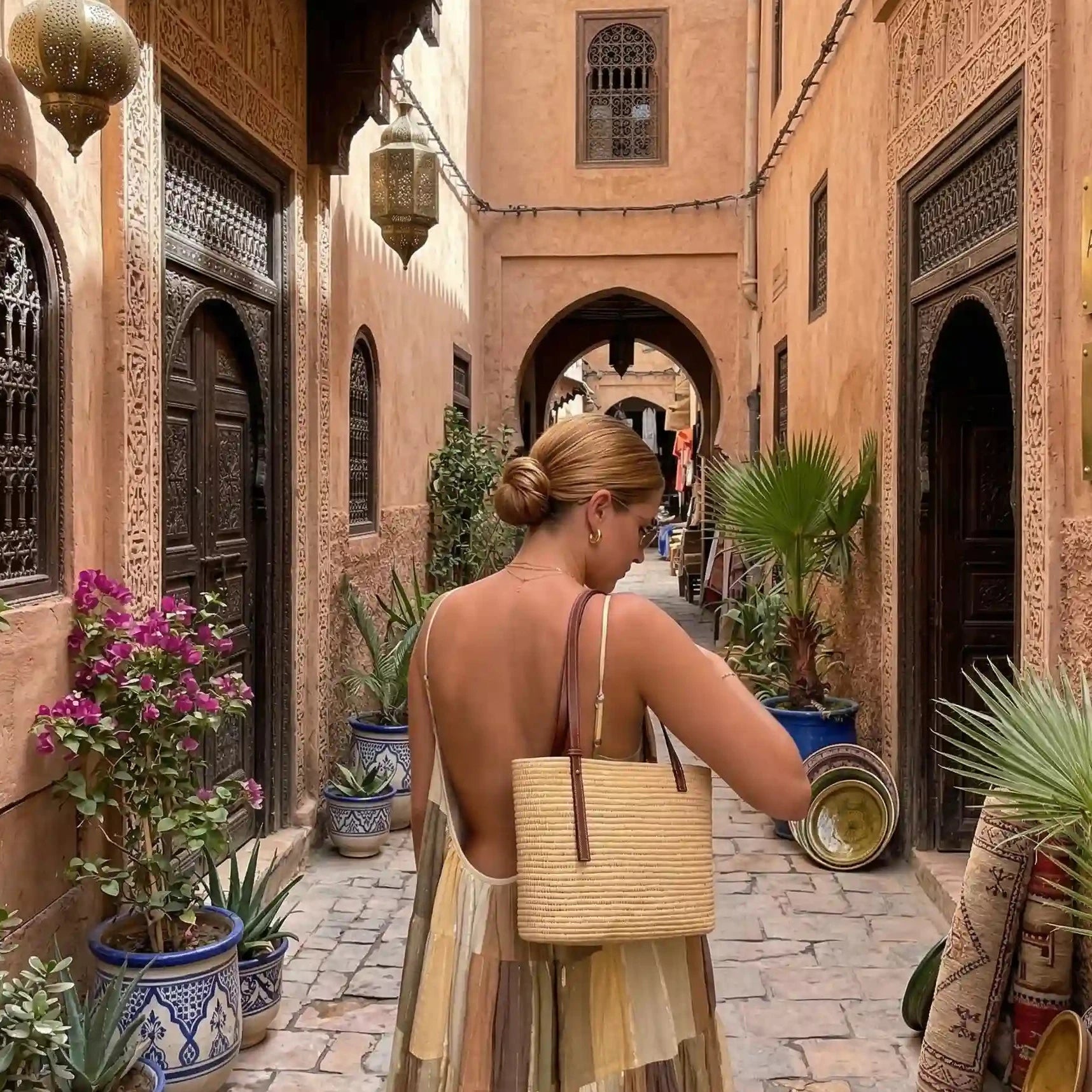 Brown Yasmine Raffia Tote carried on the shoulder in a Marrakech setting