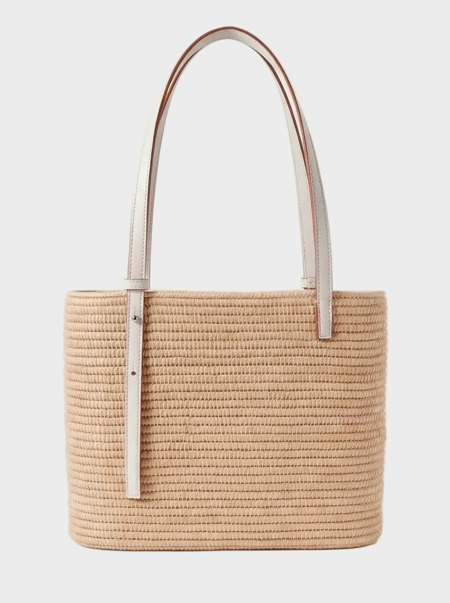 Yasmine Raffia Tote in white handwoven raffia with white calfskin straps, front view
