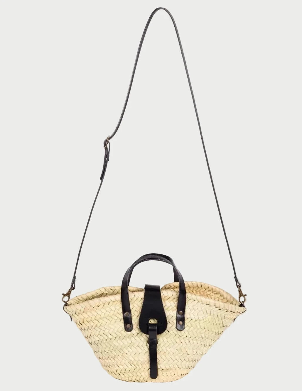 Zahira Mini palm leaf basket bag with black calfskin top handles, front view
