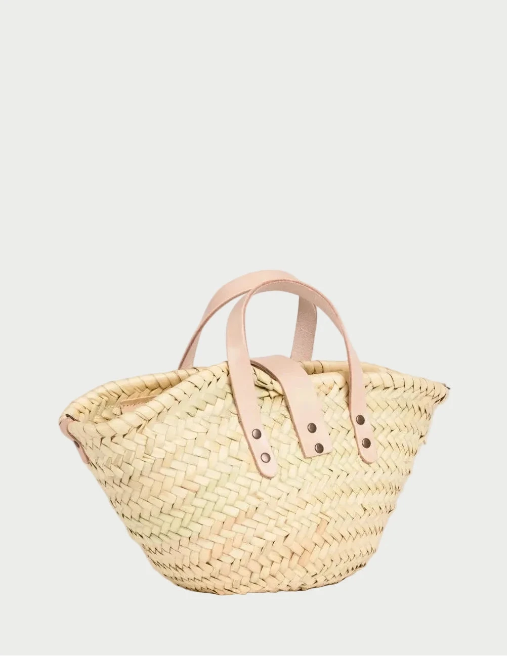 Zahira Mini palm leaf basket bag with white calfskin top handles, back view