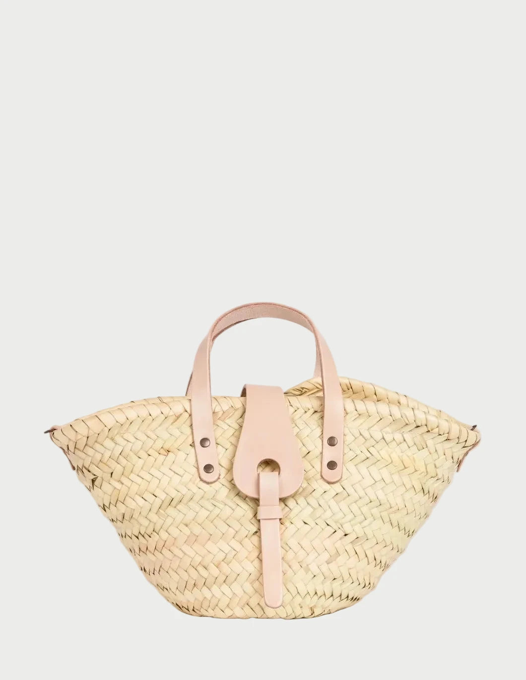 Zahira Mini handwoven palm leaf basket bag with natural calfskin top handles